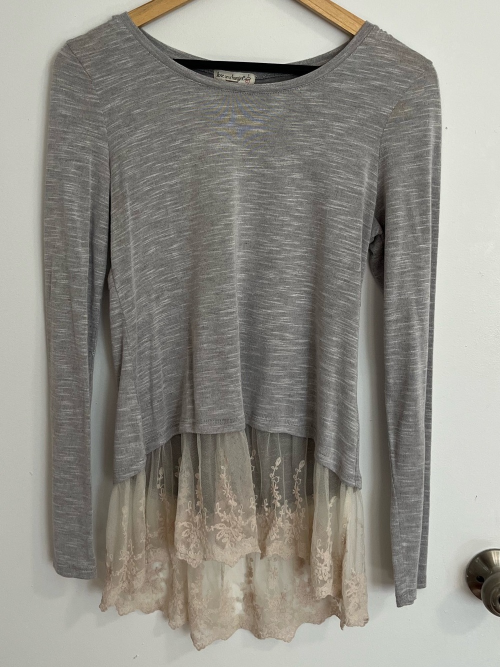 Light Gray Lace-Hem Long Sleeve Top